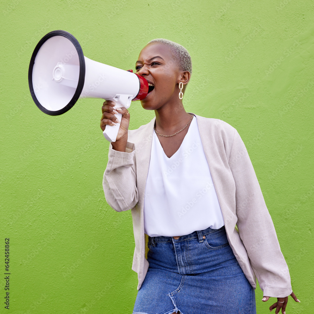 Black woman, megaphone and loudspeaker on mockup space in advertising or protest against a studio background. African female person screaming in bullhorn or shouting for sale discount, vote or alert - obrazy, fototapety, plakaty 
