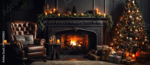 Blurred background with Christmas and New Year decorations tree sofa gifts candles rocking chair