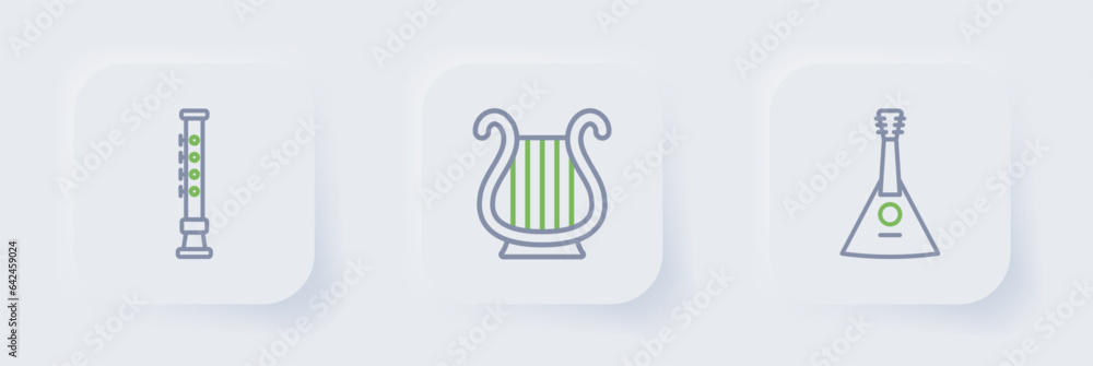 Set line Balalaika, Ancient Greek lyre and Flute icon. Vector Set line Balalaika, Ancient Greek lyre and Flute icon. Vector