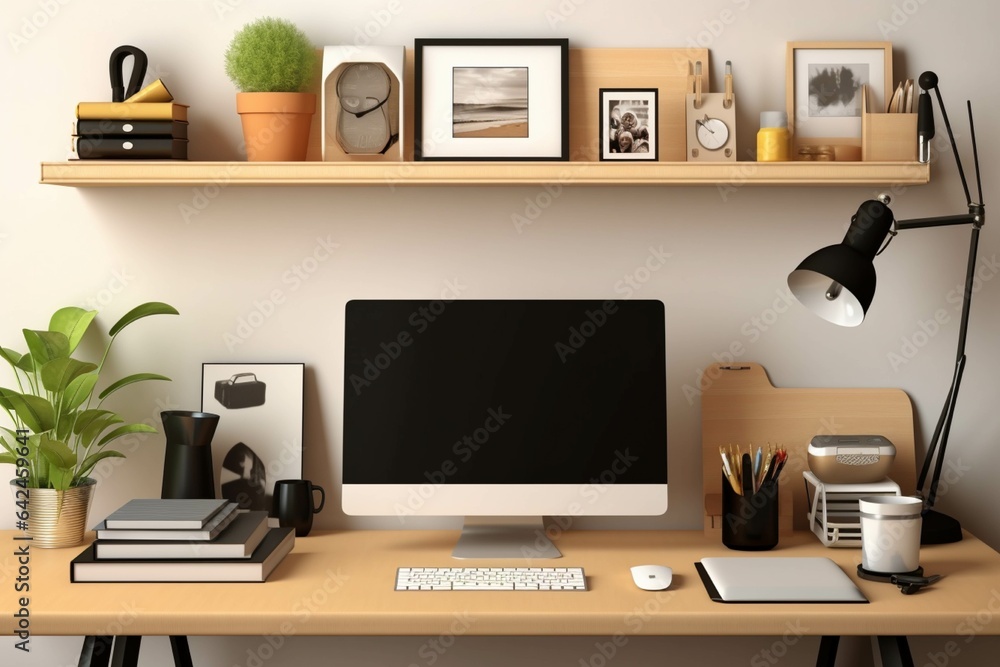 Fototapeta premium Computer screen with the image of the planet on the desk in the office