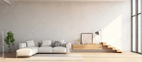 a contemporary bedroom with furniture wooden flooring and a mock up space by a bright window © HN Works
