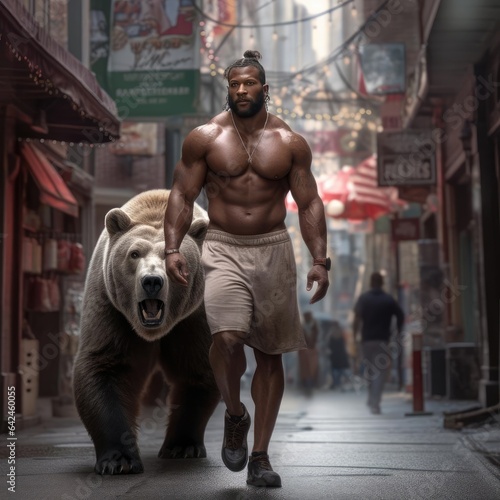 A man with a bear walks along the street of the city