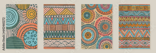Poster ethnic African tribal ornaments. Abstract background design templates with ancient tribe geometric drawn elements, patterns, shapes. Design wall decoration, postcards, poster or brochure