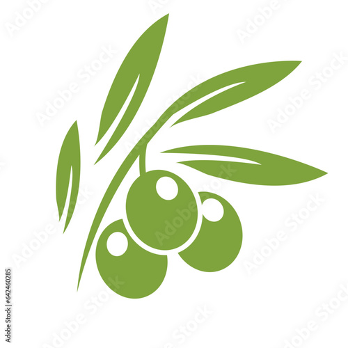 Green olives with leaves, green olive branches, olive icon with leaves flat vector illustration isolated on white background.