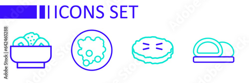 Set line Sushi, Homemade pie, Rice in bowl and Chow mein on plate icon. Vector