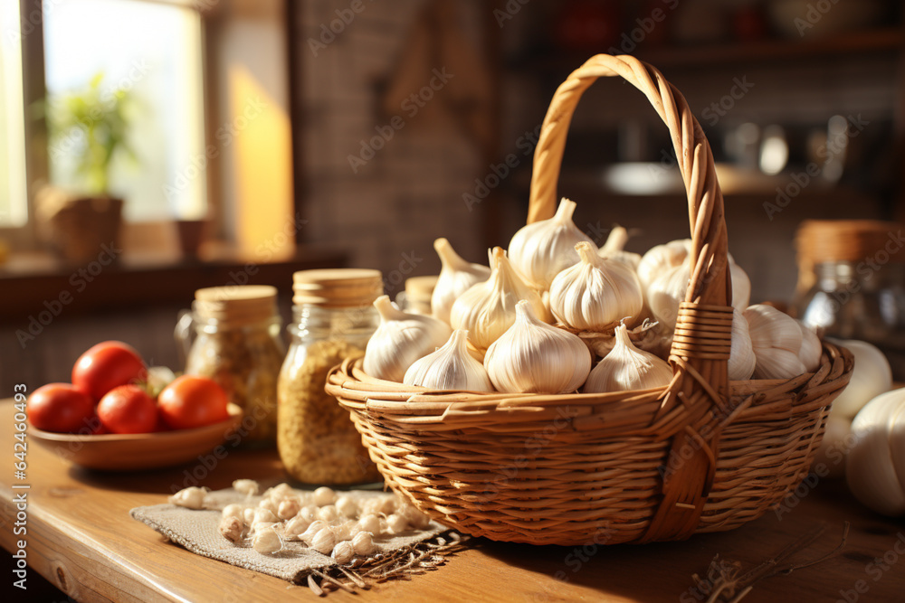 Basket with fresh garlic bulbs on table in kitchen, closeup Basket with fresh garlic bulbs on table in kitchen, closeup