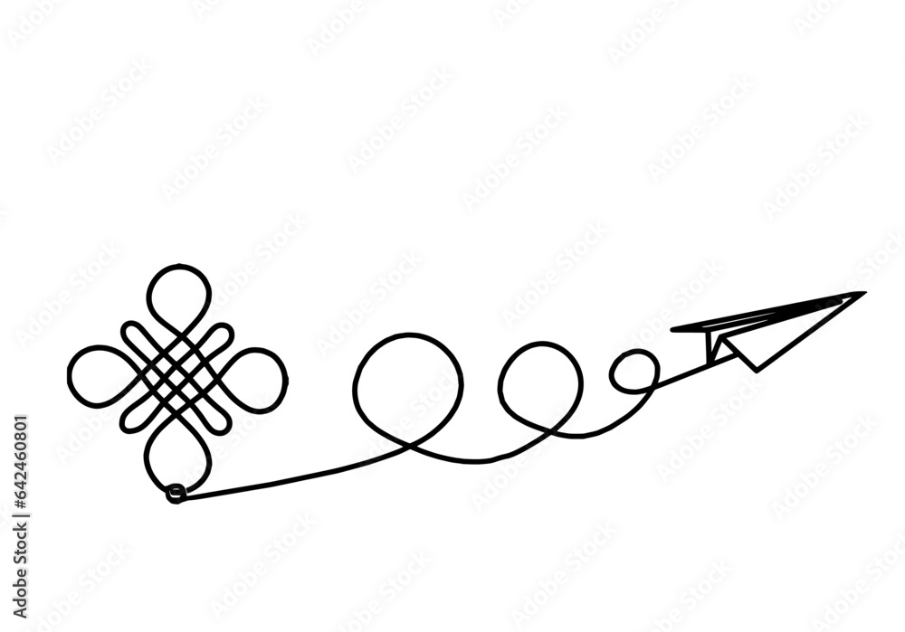 Sign of endless auspicious knot with paper plane as line drawing on the ...