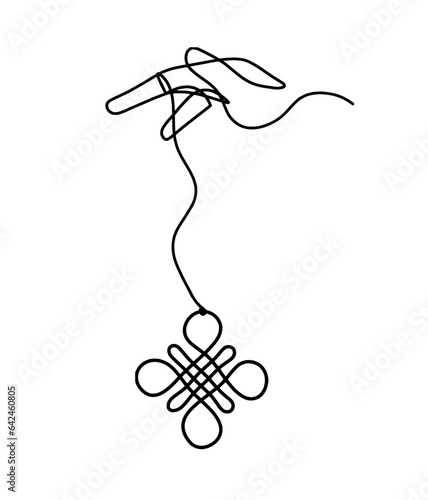 Sign of endless auspicious knot with hand as line drawing on the white background. Vector