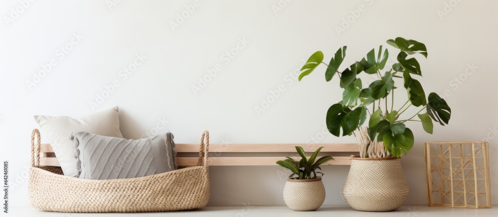 Chic and simple boho decor with handmade macrame shelf wooden furniture elegant accessories rattan basket and leaf Cozy home design Chic and simple boho decor with handmade macrame shelf wooden furniture elegant accessories rattan basket and leaf Cozy home design