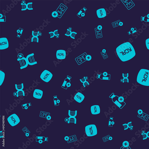 Set No GMO, Kcal, and Lactose intolerance on seamless pattern. Vector