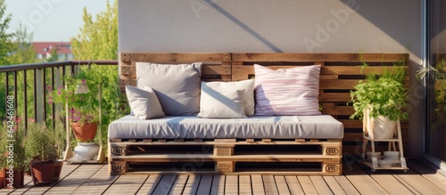 Couch made of wood on outdoor balcony