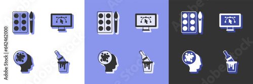 Set Paint bucket with brush, Watercolor paints box, spray and Computer design program icon. Vector