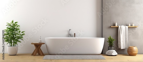 Contemporary bathroom with white and concrete walls wooden floor towel covered bathtub and nearby carpet