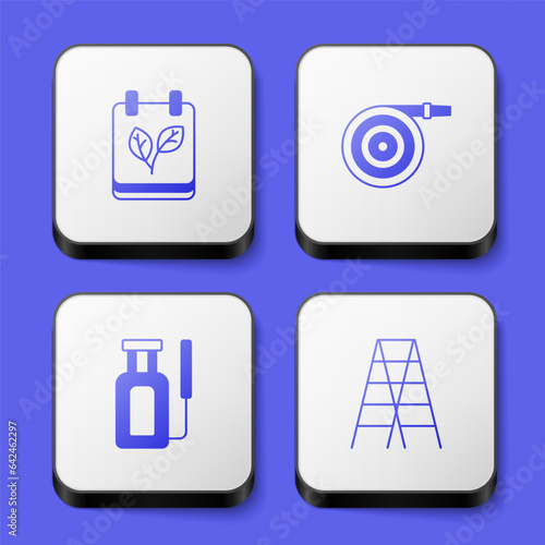 Set Calendar with autumn leaves, Garden hose, sprayer for water and Wooden staircase icon. White square button. Vector