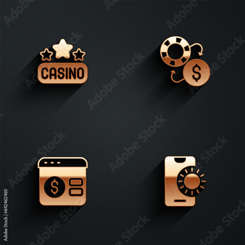 Set Casino signboard, chips exchange, Online poker table game and sports betting icon with long shadow. Vector