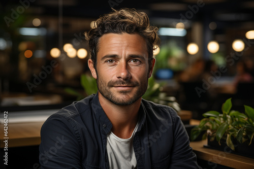 Portrait of attractive smiling man sitting in office and looking at camera made with AI