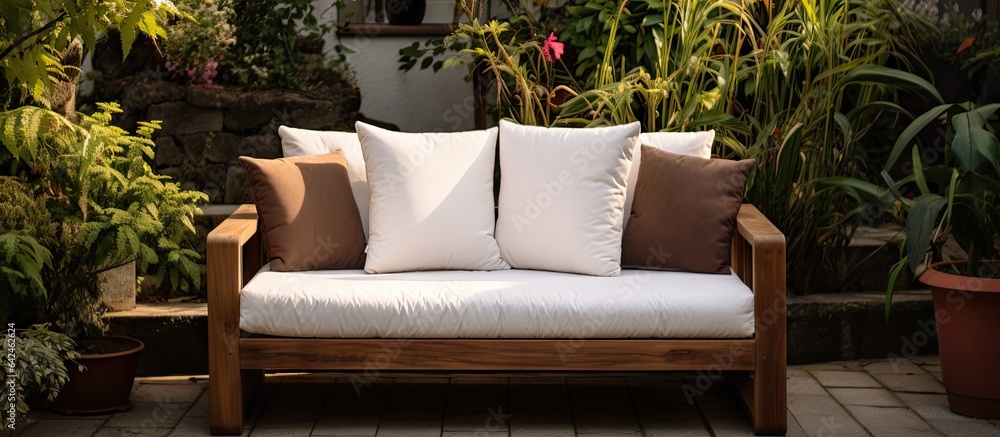 Cream cotton cushions on an empty brown wooden sofa in the garden