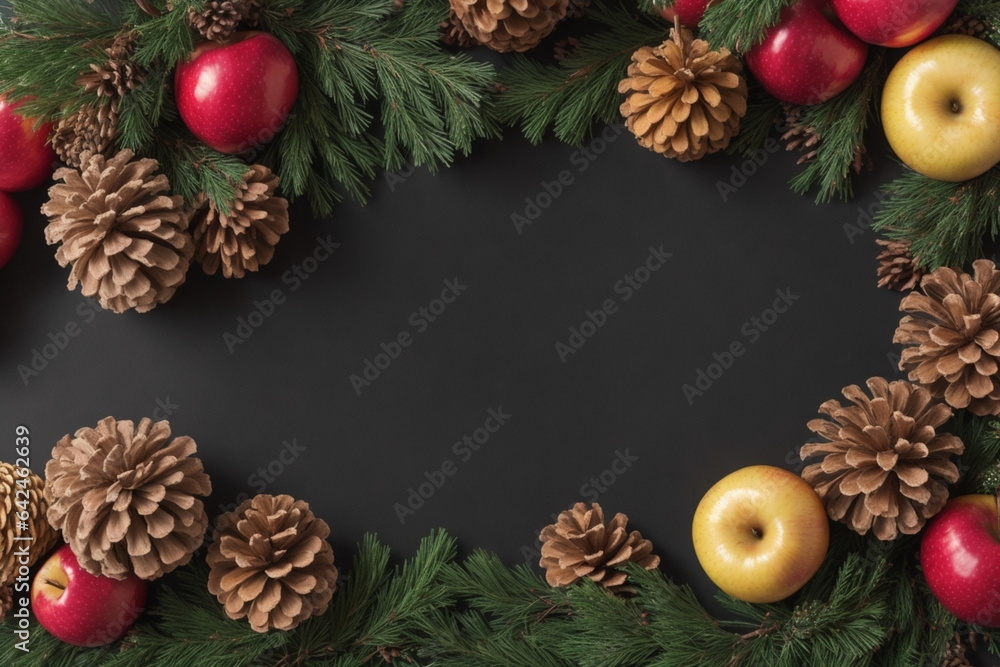 Winter decor from fir branches, cones and apples on a black background for postcards. Flat winter composition with empty space.