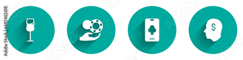 Set Wine glass, Hand holding casino chips, Online poker table game and Lucky player icon with long shadow. Vector