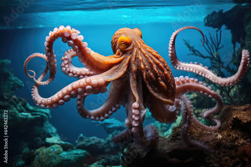 Octopus in an aquarium with long tentacles