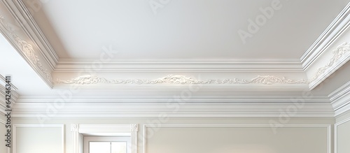 Complex shaped white stretch ceiling with intricate crown molding detail in an empty apartment or house photo