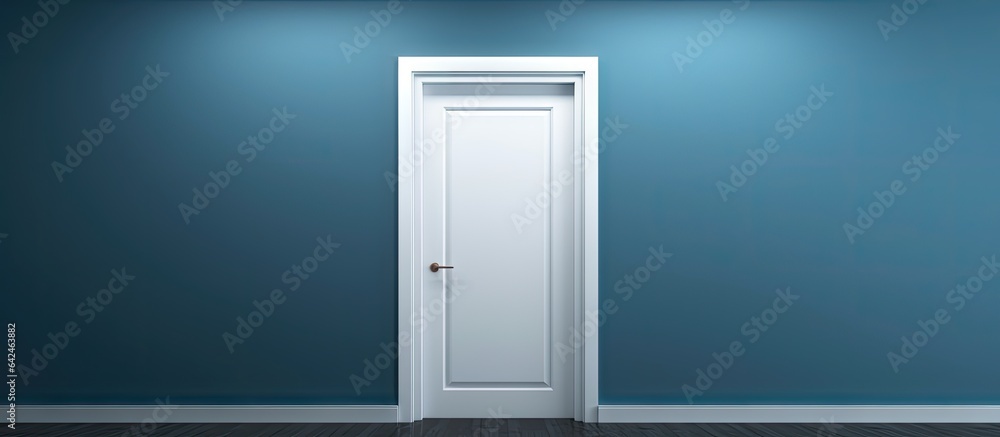 a vacant room with a dark blue wall and an open white door