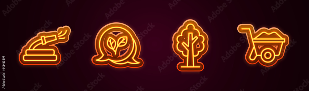 Set line Garden hose, Leaf, Tree and Wheelbarrow. Glowing neon icon. Vector Set line Garden hose, Leaf, Tree and Wheelbarrow. Glowing neon icon. Vector