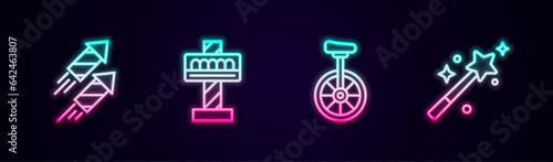 Set line Firework rocket, Attraction carousel, Unicycle and Magic wand. Glowing neon icon. Vector