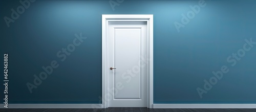a vacant room with a dark blue wall and an open white door