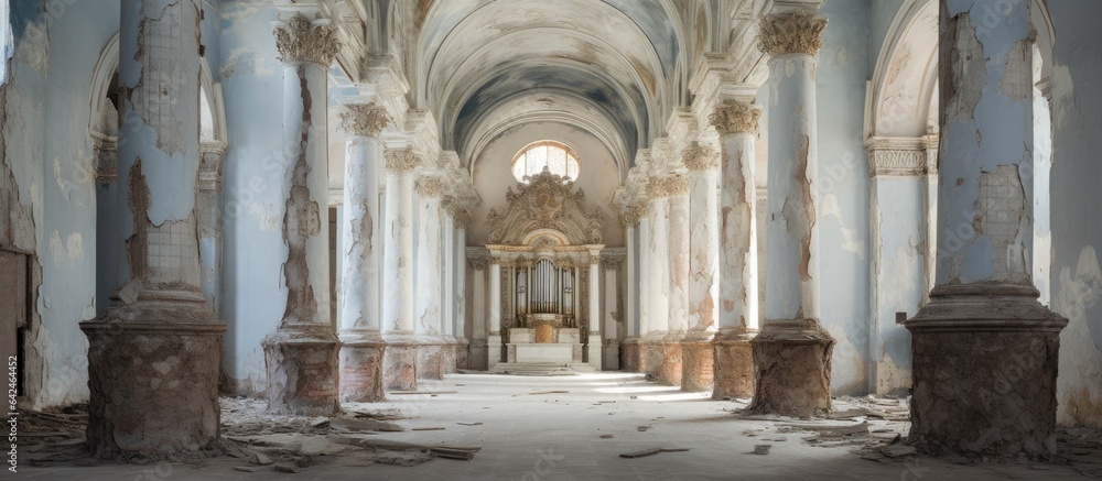 abandoned Russian village church with white columns and walls