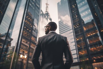 Back view of an African-American businessman in a formal suit against the backdrop of skyscrapers in the business district of the city. Success and prosperity. Hard work in finance.