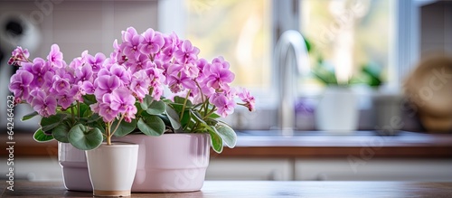 A classic farmhouse kitchen with an island and blooming pink African violet plants