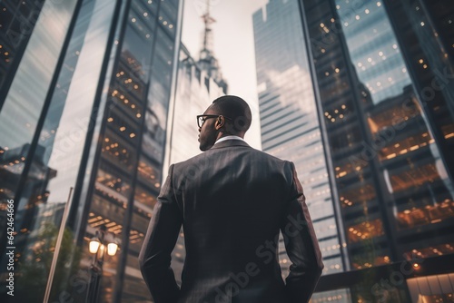 Back view of an African-American businessman in a formal suit against the backdrop of skyscrapers in the business district of the city. Success and prosperity. Hard work in finance.
