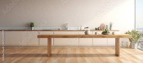 a kitchen with wooden and white countertops a long table in the background