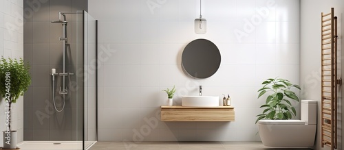 Fotografia a sleek bathroom with white tiles shower stall and double sink with a mirror