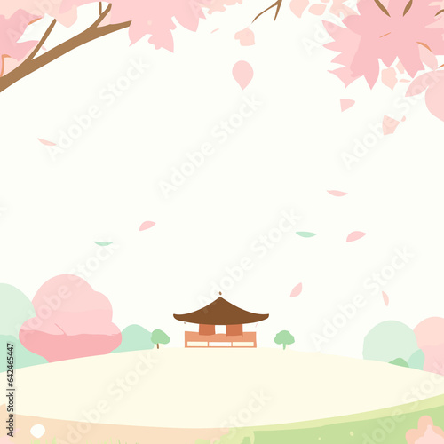 Cherry blossoms adorn a vibrant spring landscape under a sunny sky, featuring a picturesque meadow with lush green grass, blooming flowers, and a charming cherry tree