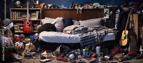 Disorganized bedroom of a messy teenage boy with clothes electronics music and sports equipment piled up