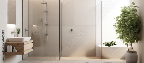 Contemporary apartment s sleek bathroom with vacant shower and bright walls photo