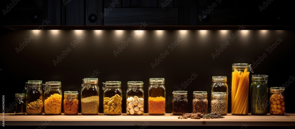 Cupboard containing pasta and spices Cupboard containing pasta and spices