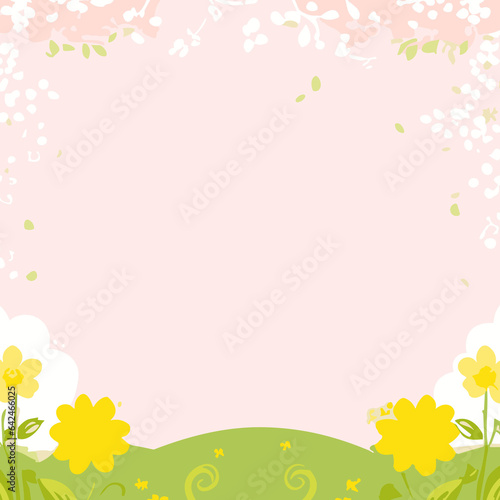 Cherry blossoms adorn a vibrant spring landscape under a sunny sky, featuring a picturesque meadow with lush green grass, blooming flowers, and a charming cherry tree