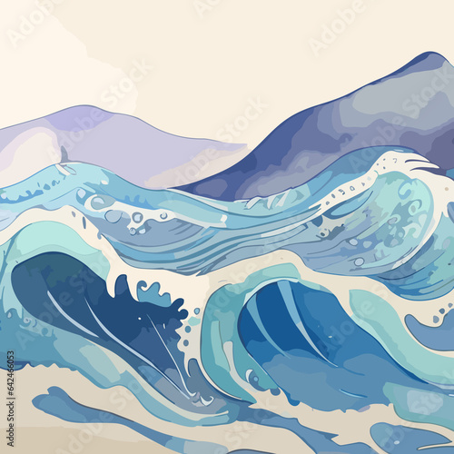 sea Landscape with Waves, Blue Skies, and Snow-Capped Peaks Reflecting in Calm Waters – Nature Vector Illustration