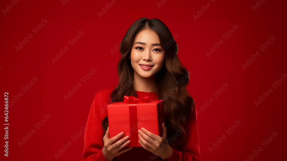 An Asian woman in a red uniform prepares a package for delivery next to a parcel post box. This image features a cheerful delivery woman against a vibrant red background. Generative AI. An Asian woman in a red uniform prepares a package for delivery next to a parcel post box. This image features a cheerful delivery woman against a vibrant red background. Generative AI.