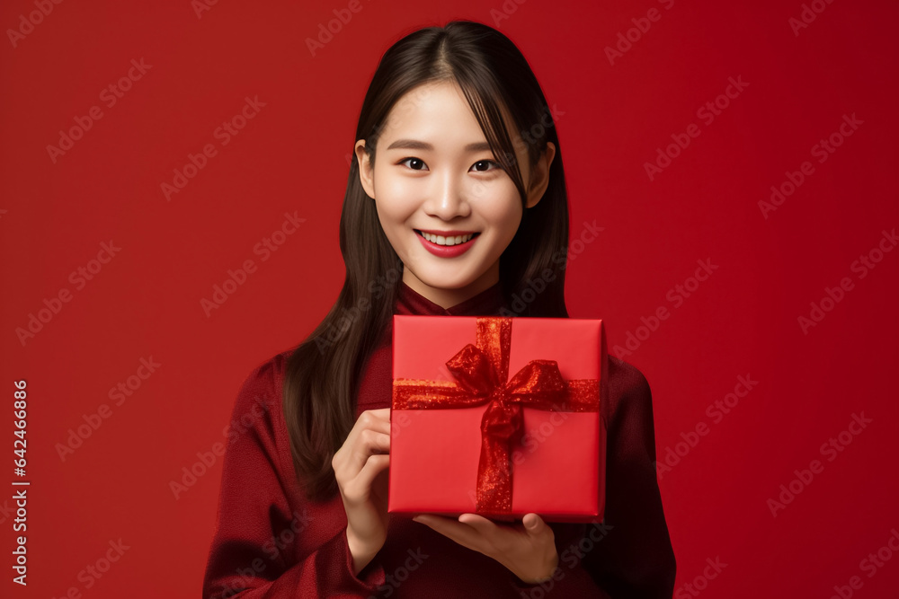 An Asian woman in a red uniform prepares a package for delivery next to a parcel post box. This image features a cheerful delivery woman against a vibrant red background. Generative AI. An Asian woman in a red uniform prepares a package for delivery next to a parcel post box. This image features a cheerful delivery woman against a vibrant red background. Generative AI.