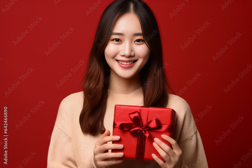 An Asian woman in a red uniform prepares a package for delivery next to a parcel post box. This image features a cheerful delivery woman against a vibrant red background. Generative AI. An Asian woman in a red uniform prepares a package for delivery next to a parcel post box. This image features a cheerful delivery woman against a vibrant red background. Generative AI.