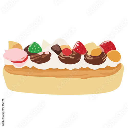 Vector illustration of a delicious birthday cake with chocolate cream, cherries, strawberries, and festive decorations, perfect for a sweet celebration or party dessert