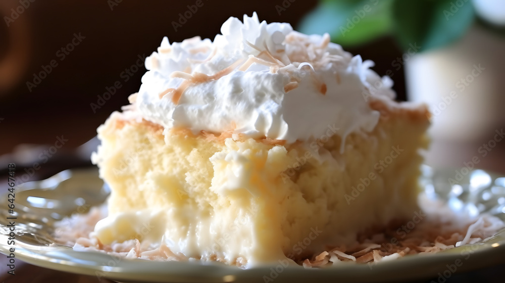 Delicious and creamy coconut tres leches cake with a whipped cream topping
