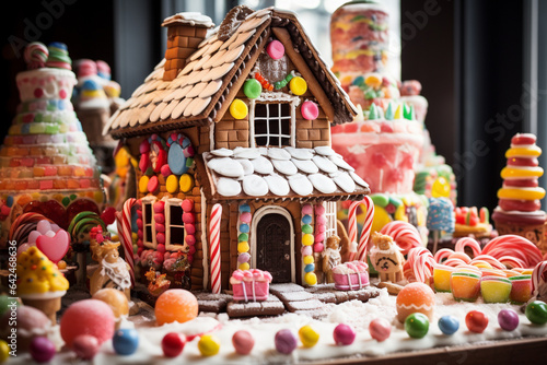 Fun gingerbread house decorated by kids for Christmas season. 