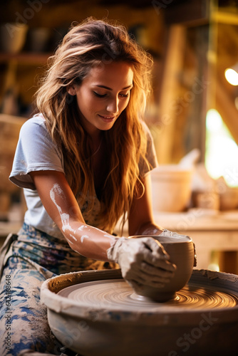 Attractive female creating at the pottery wheel. 
