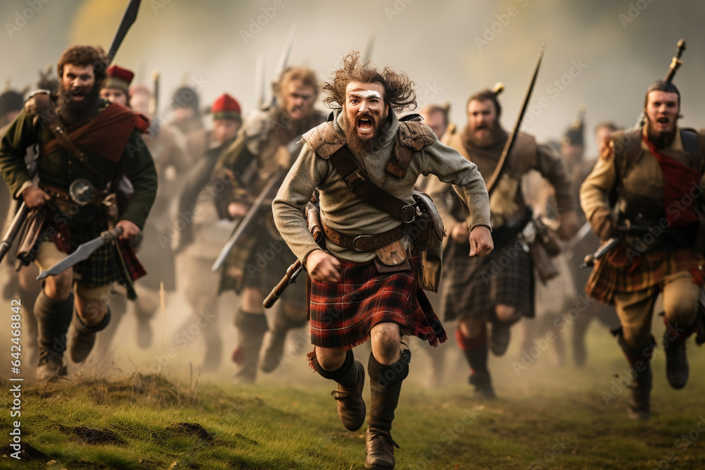 Scottish warriors heading into battle in the highlands. Scottish warriors heading into battle in the highlands.