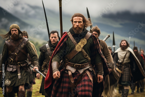 Scottish warriors heading into battle in the highlands. 